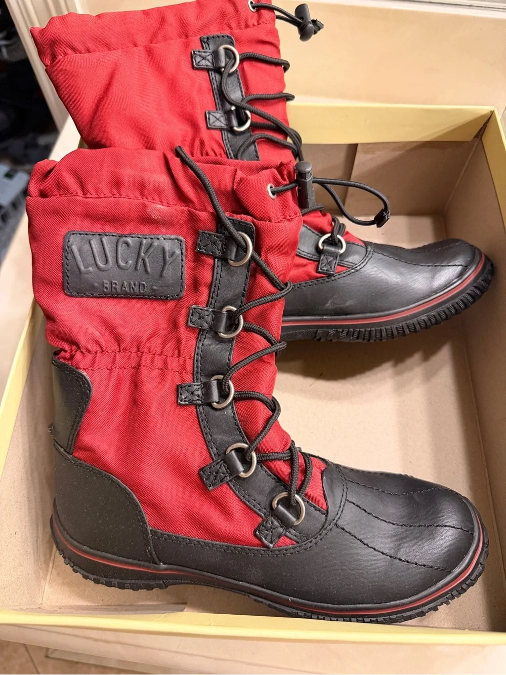 Lucky Brand Red and Black Lace-Up Snow Boots